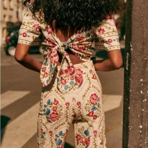 NWT Sezane X Farm Rio Tiago Crop Linen Blend Pant Romantic Garden 42/US Size 10 - Picture 5 of 16